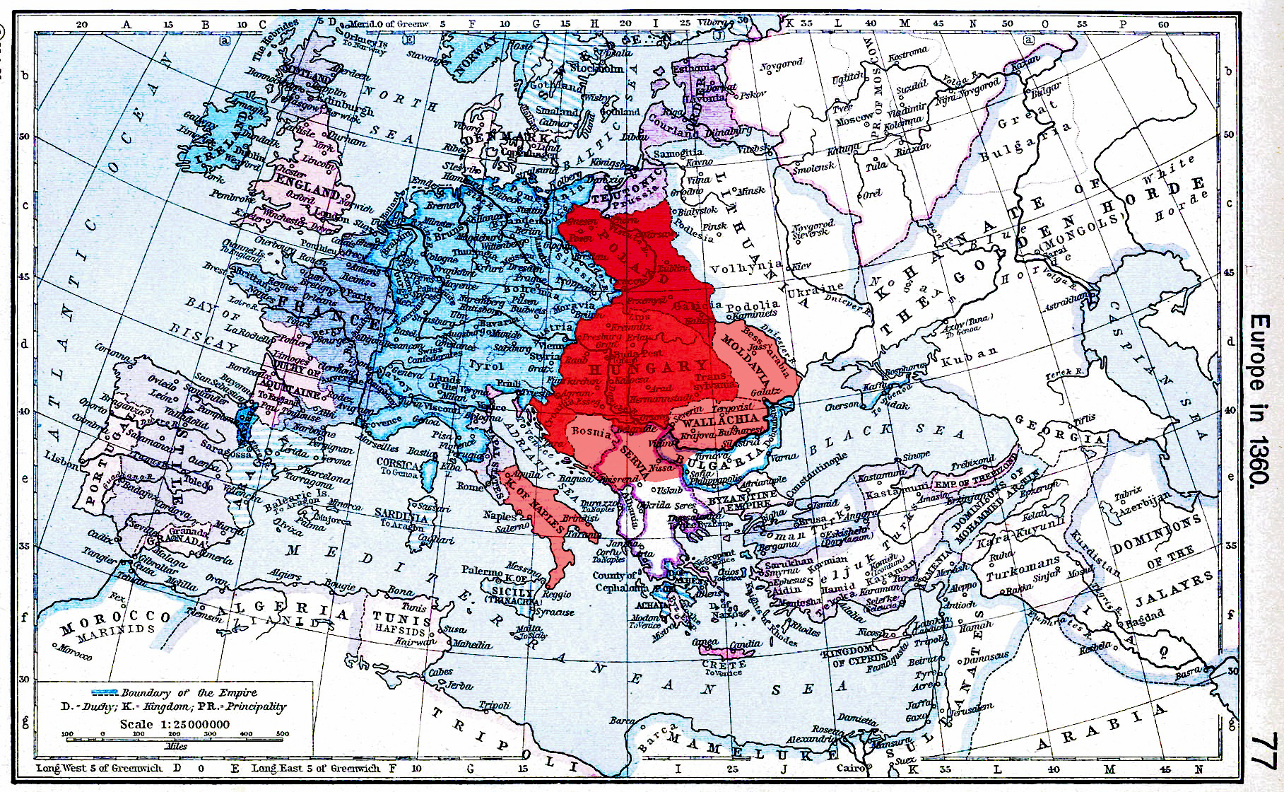 Mapa prezentująca obszar Węgier za czasów panowania Ludwika Andegaweńskiego. Węgry obejmowały część południowej, centralnej i wschodniej Polski, dzisiejsze Węgry, Serbię, Bośnię, Mołdawię, Wołoszczyznę (Rumunia), południową część Włoch.  