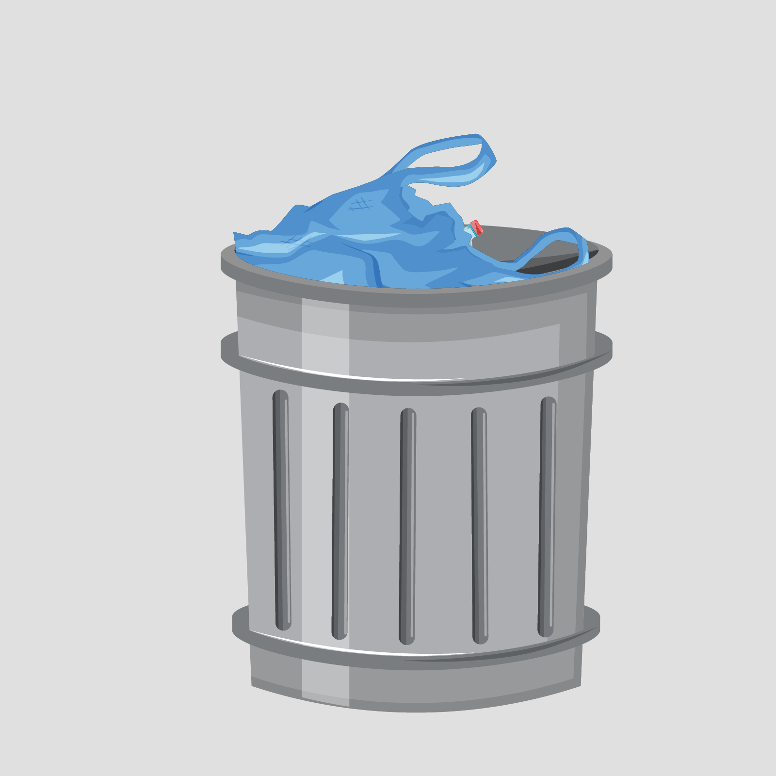 Ilustracja ukazuje kosz na śmieci, do którego włożono butelkę po wodzie i reklamówkę. 