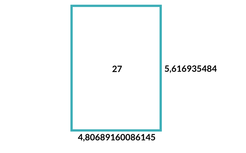 Ilustracja kwadrat o dwóch dłuższych bokach. W polu kwadratu wpisano 27. Dolny bok oznaczono jako 4,80689160086145. Prawy bok jako 5,616935484.