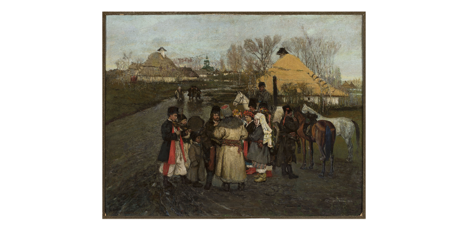 Obraz przedstawia scenę wiejską z grupą ludzi zgromadzonych na błotnistej drodze w pobliżu gospodarstw. W tle widoczne są drewniane chaty pokryte strzechą, stogi siana, bezlistne drzewa oraz kościół z wieżą.
Grupa postaci ubrana jest w tradycyjne, ludowe, odświętne stroje – mężczyźni noszą długie płaszcze i wysokie czapki, kobiety mają na sobie kwieciste chusty, długie spódnice. Niektórzy mężczyźni prowadzą konie, inni rozmawiają. Są to osoby w różnym wieku. Centralną postacią jest mężczyzna odwrócony plecami. Jest ubrany w kożuch z futrzanym kołnierzem. Na głowie ma wysoką czapkę, a na stopach kozaki. Rozmawia z drugim mężczyzną.   Za plecami kobiet stoją trzy konie. 