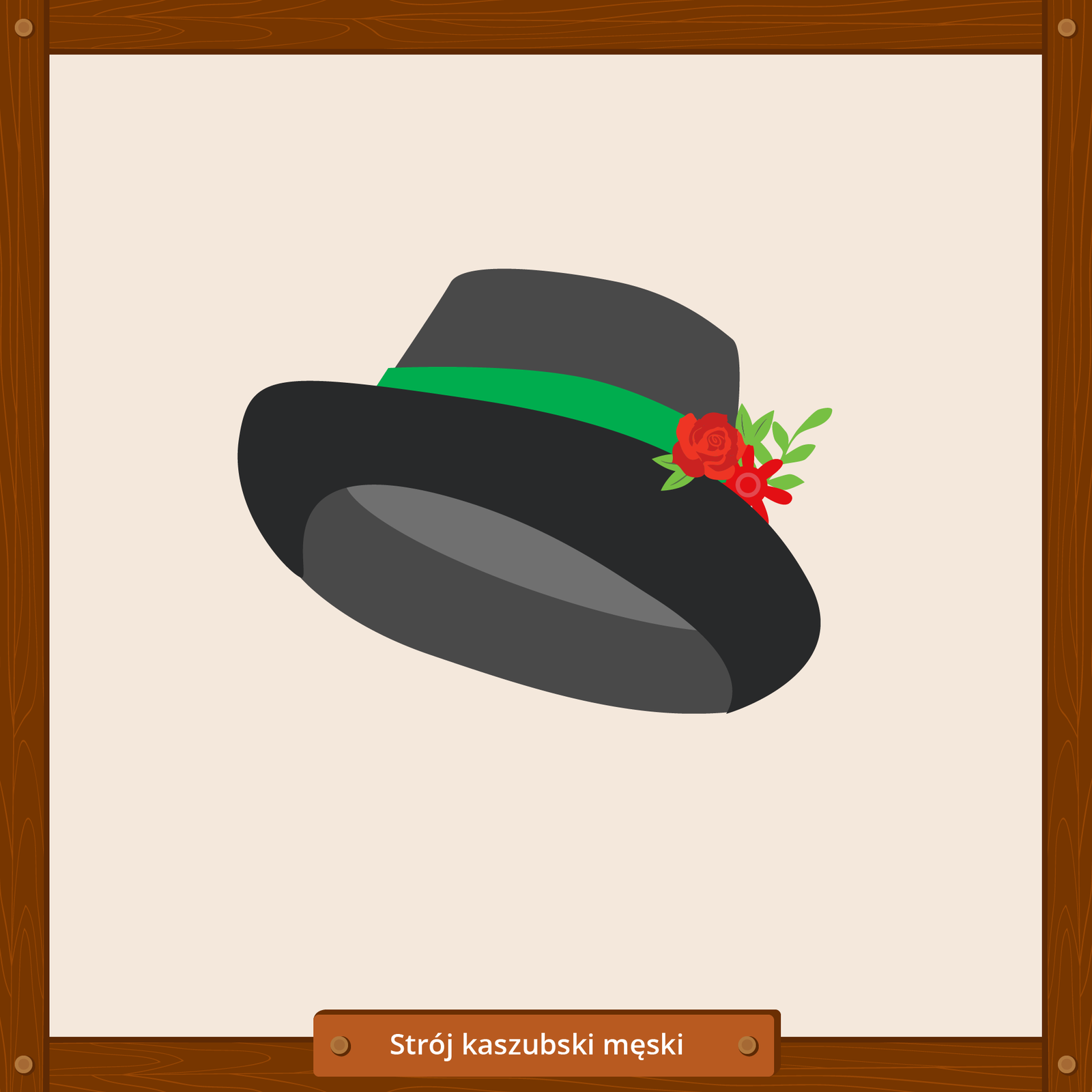 Ilustracja przedstawia element stroju kaszubskiego męskiego, jakim jest okrągły czarny kapelusz przewiązany zieloną wstążką. Do wstążki przyczepiono dwa czerwone kwiaty.