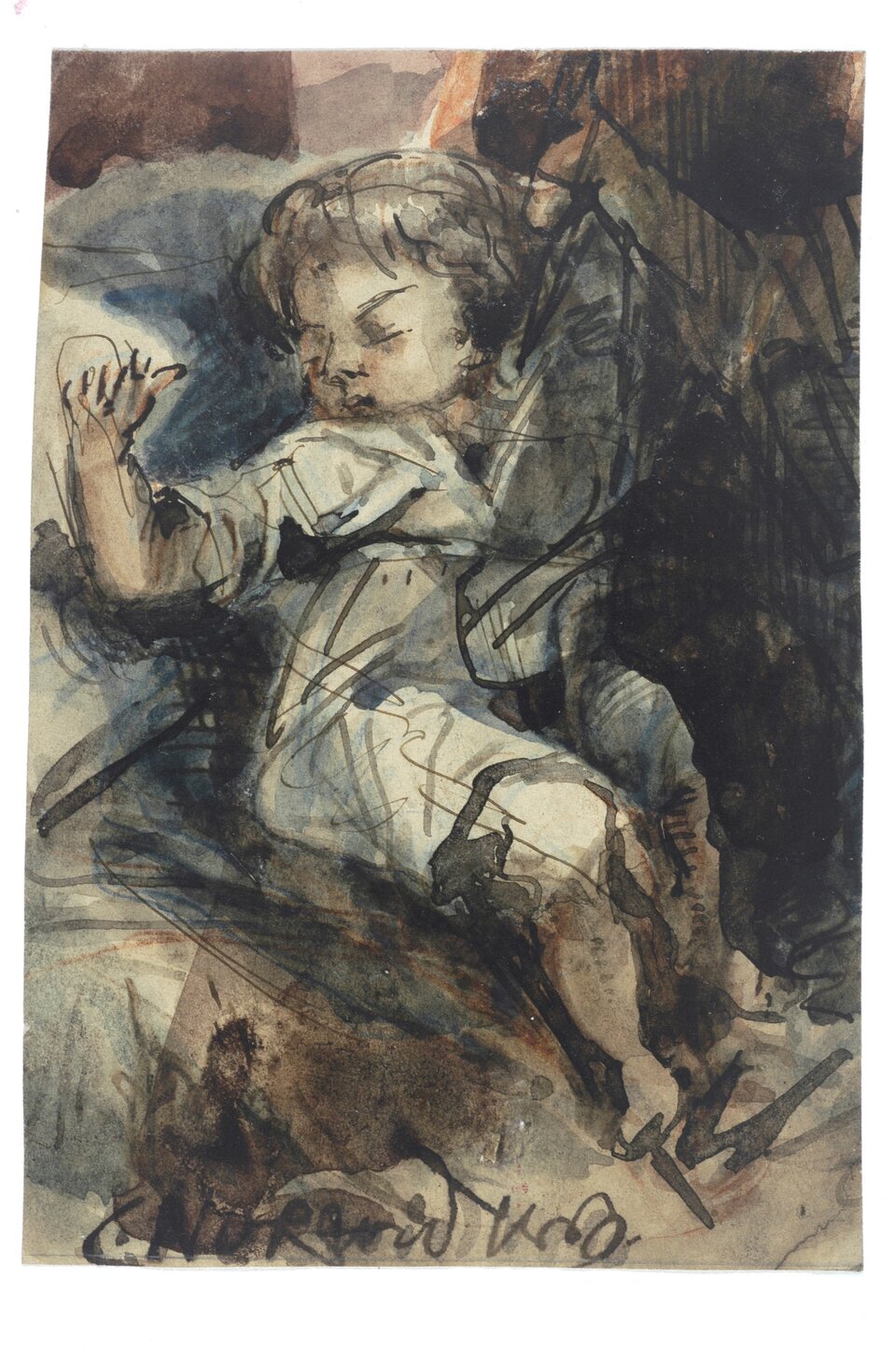 Obraz prezentuje małe dziecko śpiące na kolanach kobiety.