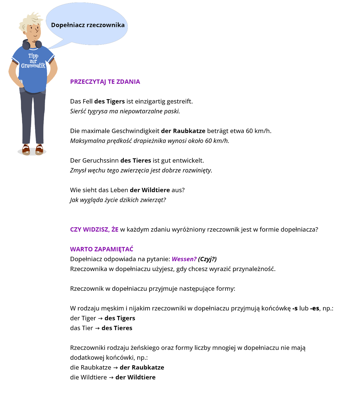 Ilustracja zawiera poradę językową.
Grafika przedstawia jasnowłosego chłopaka w niebieskiej bluzce, na której widoczny jest napis Tipp zur Gramatik. Obok widoczny jest dymek zawierający napis: Dopełniacz rzeczownika.
Pozostałą część grafiki stanowi tekst, którego treść wyświetla się w trybie dostępności.