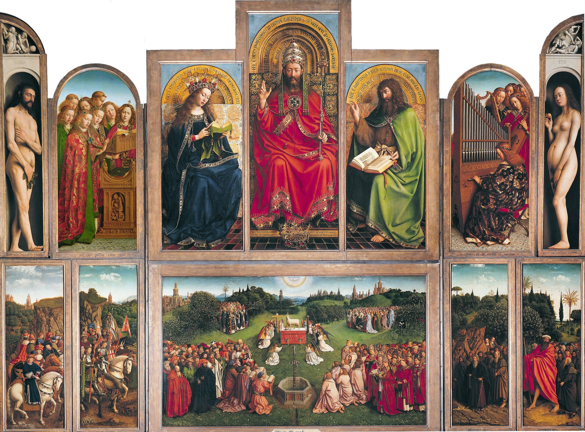 Ilustracja o poziomym układzie przedstawia ołtarz braci Huberta i Jana van Eycków z Katedry Świętego Barona w Gandawie. Nastawa ołtarzowa składa się z 12 tablic zestawionych w dwóch rzędach, W górnej części, pośrodku, siedzi na tronie Chrystus Król. Prawą ręką błogosławi, w lewej trzyma berło. Na głowie ma tiarę, a u jego stóp leży korona. Po lewej stronie siedzi Maria z modlitewnikiem. Po prawej stronie Jan Chrzciciel z księgą na kolanach i uniesioną prawą ręką. Nad nimi znajdują się złote półokręgi z napisami. Po obu stronach, na wewnętrznych skrzydłach, ukazani są grające i śpiewające aniołowie. Kolejne, znajdujące się na brzegu tablice, przedstawiają Adama (lewa strona) i Ewę (prawa strona). Postacie stoją na ciemnym tle, a nad nimi znajduje się dekoracja imitująca płaskorzeźby z Kainem i Ablem. Dolną część w centrum wypełnia obraz ukazujący adorację Baranka Mistycznego. W tle stoi ołtarz z Barankiem, z którego boku wypływa krew. Dokoła klęczą aniołowie, a na pierwszym planie stoi fontanna. Z lewej i prawej strony ukazane są: kler, kobiety, poganie i Żydzi oraz papieże i biskupi. Jedni się modlą, inni stoją i rozmawiają. Na zewnętrznych skrzydłach po lewej stronie znajdują się Sędziowie Sprawiedliwi i Rycerze Chrystusa na koniach z chorągwiami. Prawa strona przedstawia pustelników i pielgrzymów. Tłem we wszystkich kwaterach dolnych jest drobiazgowo opracowany pejzaż z architekturą w tle, drzewami, górzystym terenem i pogodnym niebem.