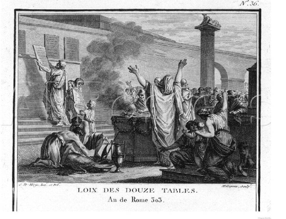 Ilustracja przedstawia mur, na którym zawieszana jest kamienna tablica. Na ścianie wiszą już trzy inne. Kolejną tablicę zawiesza starszy mężczyzna w długiej todze, stojący na schodkach. Pod schodami wokół stołu kamiennego, na którym palone są dary dla bogów, stoi tłum ludzi. Modły wznosi do bóstw mężczyzna stojący z ramionami uniesionymi ku górze.