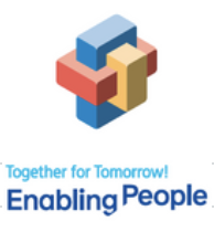 „Logo złożone z czterech trójwymiarowych klocków tworzących skrzyżowaną bryłę; pod spodem napis: ‘Together for Tomorrow! Enabling People’.”