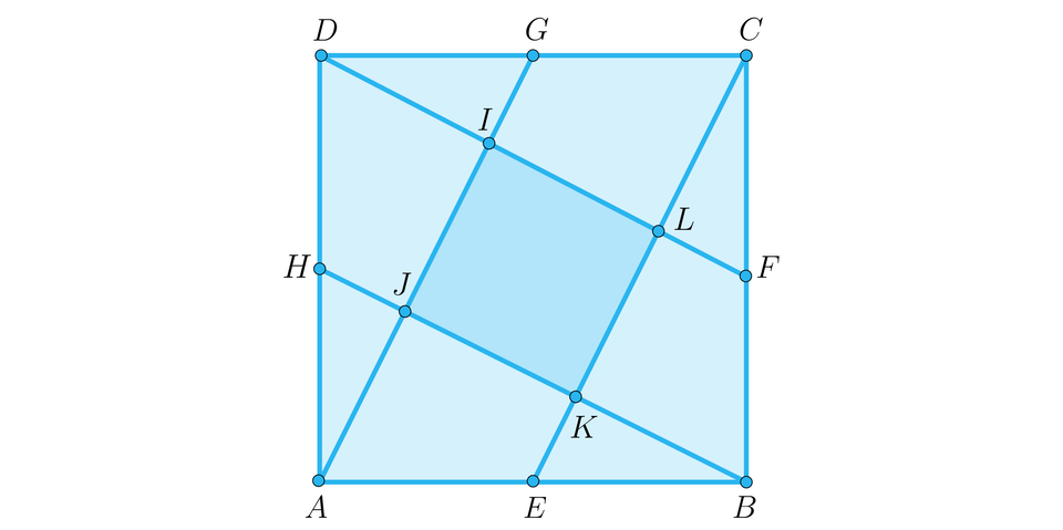 Na ilustracji przedstawiono kwadrat A B C D. Wierzchołek A połączono z punktem G, stanowiącym środek boku D C. Wierzchołek B połączono z punktem H, stanowiącym środek boku A D. Wierzchołek C połączono z punktem E, stanowiącym środek boku A B. Wierzchołek D połączono z punktem F, stanowiącym środek boku B C. Odcinek A G, przecina odcinek B H w punkcie J, oraz odcinek D F w punkcie I. Odcinek C E przecina odcinek D F w punkcie L, oraz odcinek B H w punkcie K. Powstał kwadrat I J K L.