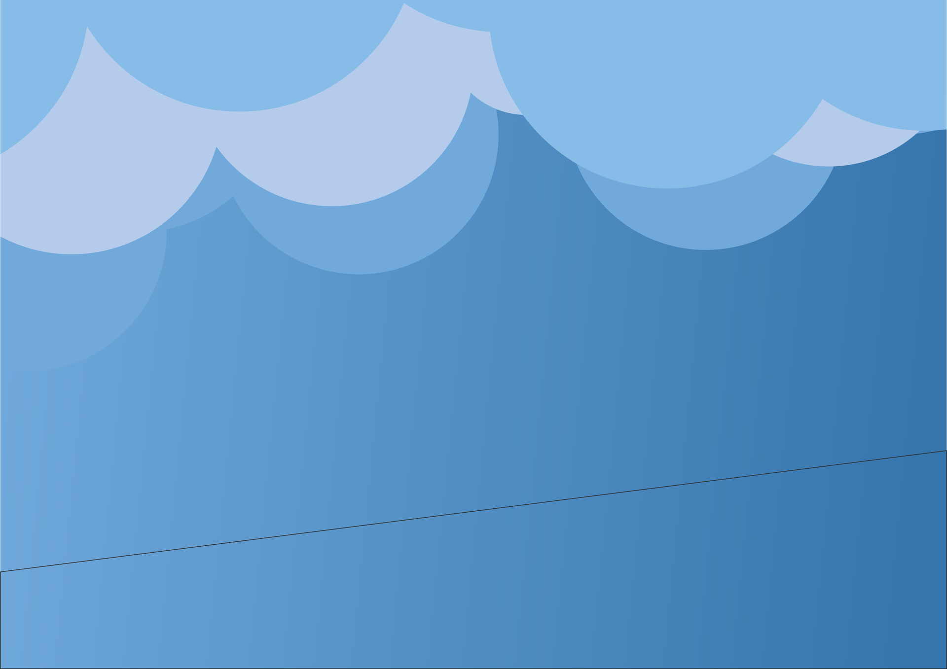 Obraz przedstawia gradient z koloru jasnoniebieskiego do lekko ciemniejszego niebieskiego odcieniu. Na górnej krawędzi rozmieszczono różne okręgi, które poprzez nakładanie się na siebie i różne kolory dla każdej warstwy tworzą chmury, których kolory to różne odcienie niebieskiego, od ciemniejszego, do jaśniejszego. U dołu obrazu umieszczono lekko pochyloną linię, od lewej do prawej wzrasta.