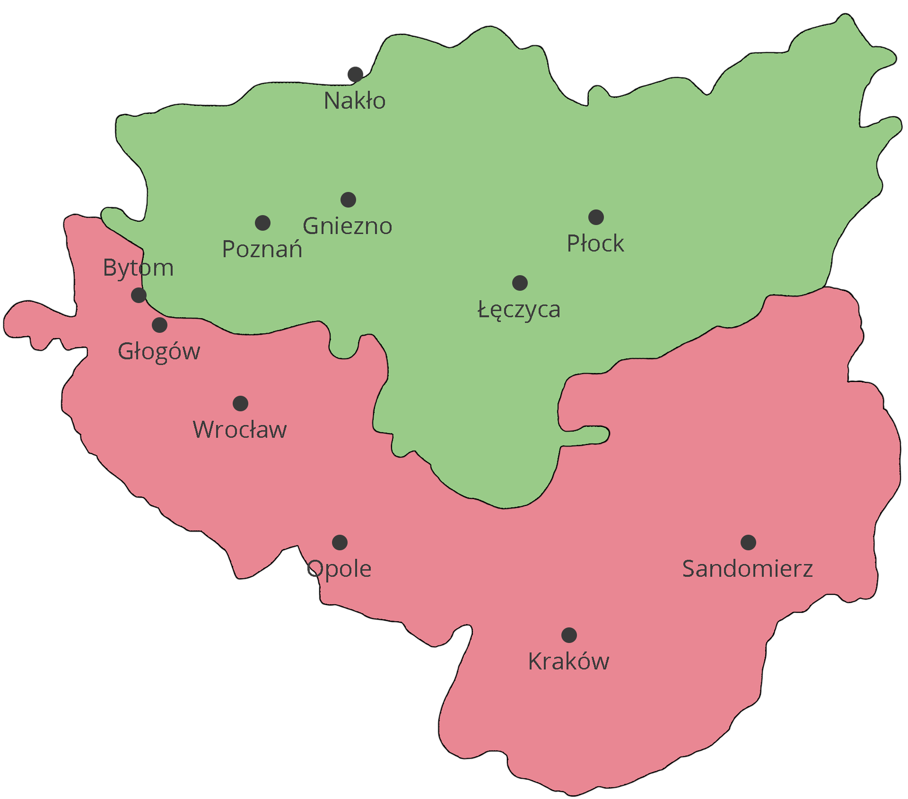 Grafika mapy przedstawiającej podział Księstwa Polskiego w 1102 r., Po śmierci Władysława I Hermana.