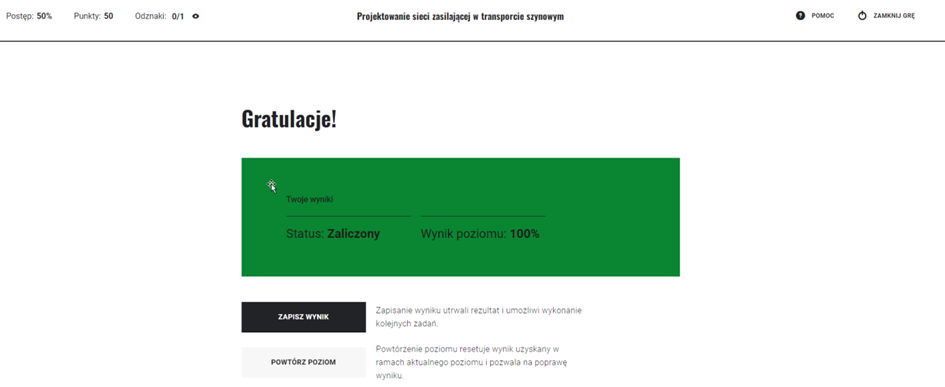 Ekran z gratulacjami