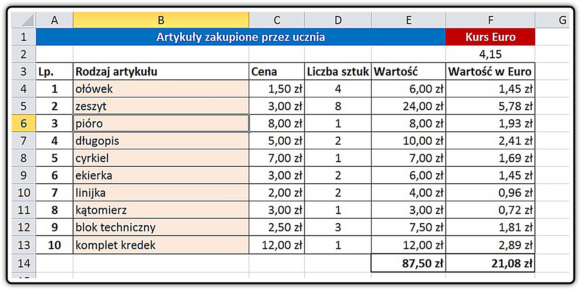 Zrzut przykładowej tabeli