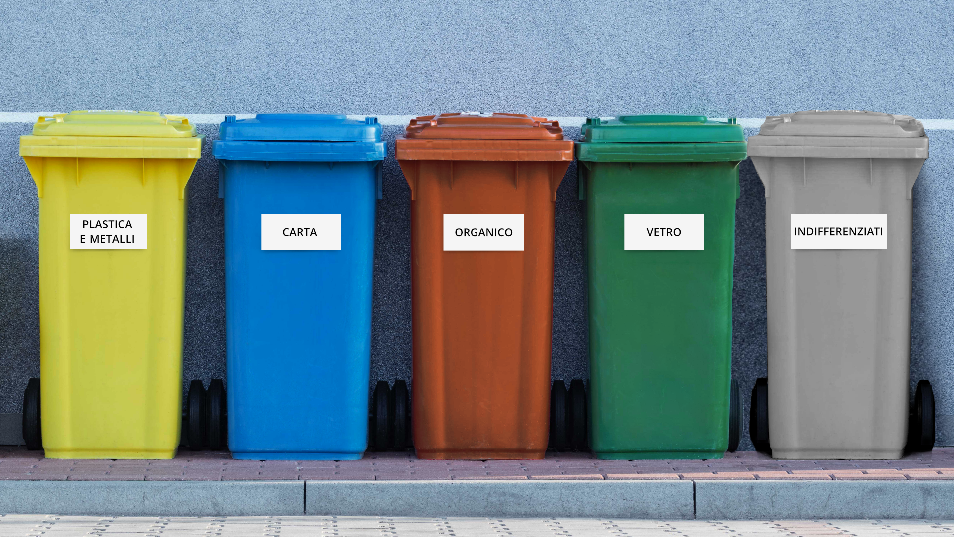 Zdjęcie przedstawia pięć różnokolorowych pojemników na śmieci. Na każdym z nich znajduje się napis do wyrzucania jakich odpadów służą. Od lewej na pojemnikach kolejno znajdują się napisy: plastica e metalli, carta, organico, vetro, indifferenziati.