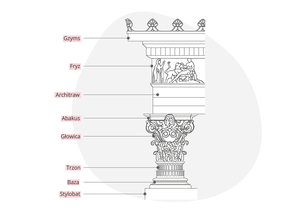 Ilustracja przedstawia porządek koryncki ukazany w formie schematycznego rysunku architektonicznego. Kolumna stoi na trzystopniowym stylobacie, a jej baza jest wyraźnie oddzielona od smukłego, pionowego trzonu. Trzon jest gładki i zwęża się ku górze. Najbardziej dekoracyjną częścią jest głowica, bogato zdobiona charakterystycznymi liśćmi akantu oraz spiralnymi wolutami. Nad głowicą znajduje się płaska płyta abakusa, która podtrzymuje elementy belkowania: poziomy architraw, ozdobny fryz oraz wysunięty gzyms wieńczący całość.