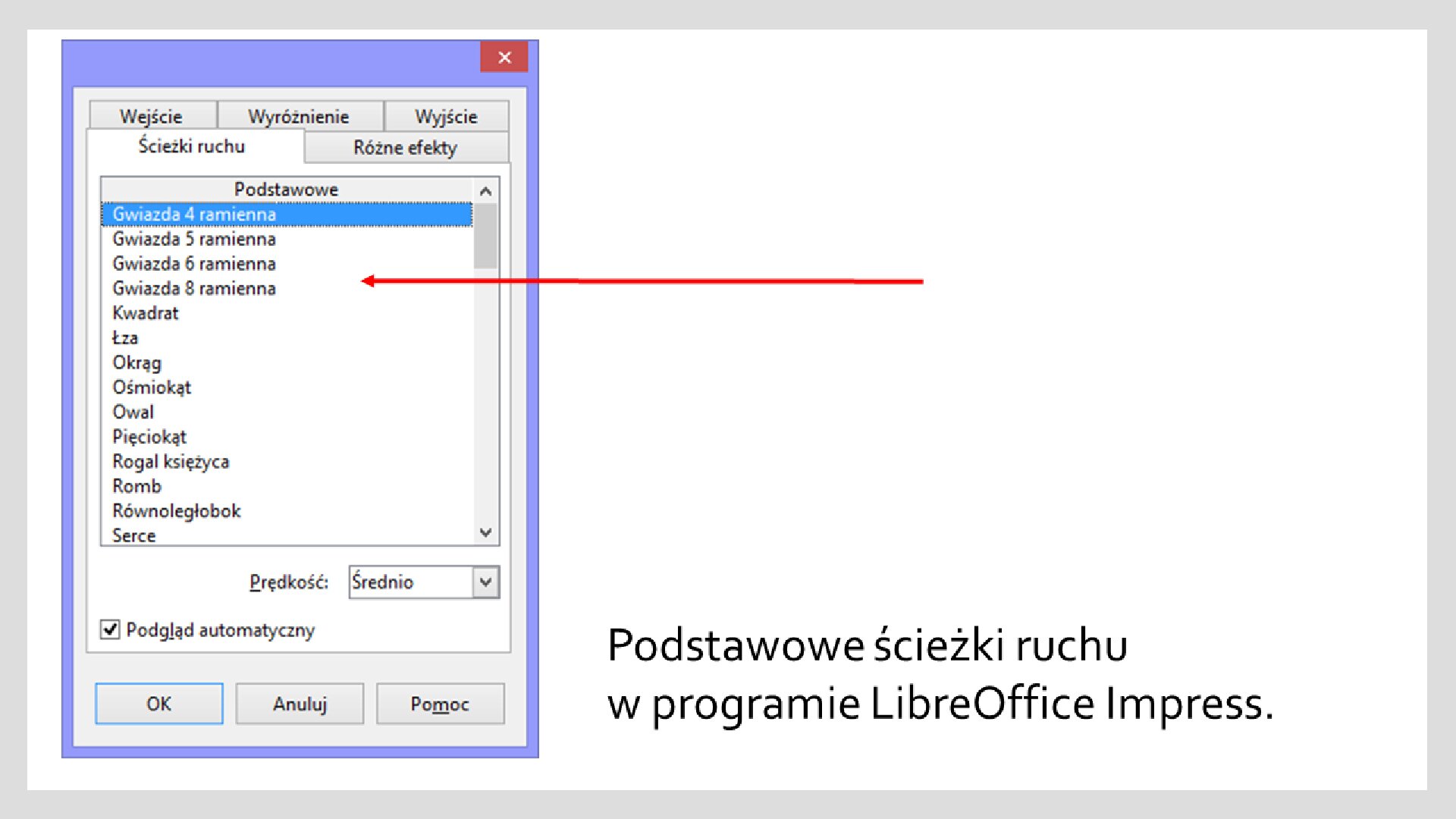 Slajd 1 galerii zrzutów okien z efektami ścieżek ruchu w programie LibreOffice Impress
