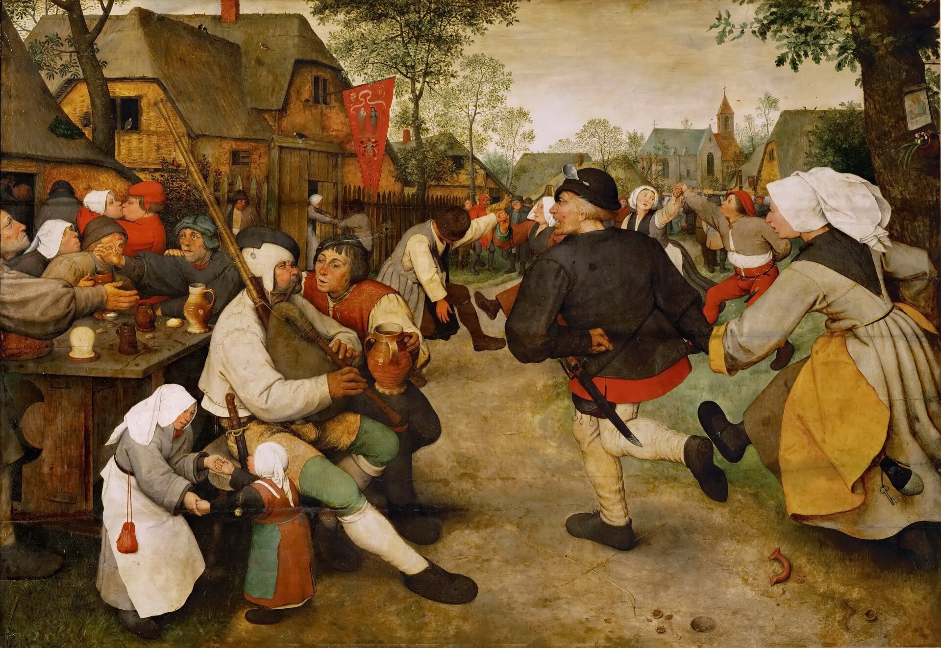 Ilustracja przedstawia obraz Pietera Bruegela Starszego „Taniec chłopski". Po lewej stronie obrazu znajduje się grajek z dudami. Towarzyszy mu postać z dzbanem wina. U jego boku tańczy kobieta z dziewczynką. Za nimi, przy stole chłopi żywo rozmawiają przy kuflach. Po prawej stronie postacie są większe, tańczą trzymając się za ręce. W tle wszyscy się bawią. Przy ulicy stoją wiejskie domy, a na horyzoncie widnieje kościół z wieżą.
