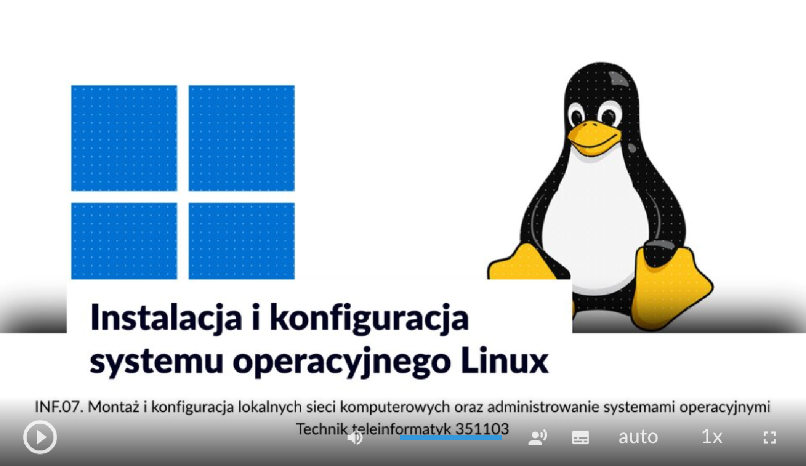 Ekran startowy animacji. Znajdują się na nim dwa logo Windowsa oraz Linuxa. Poniżej w ramce widoczny jest tytuł: Instalacja i konfiguracja systemu operacyjnego Linuks.