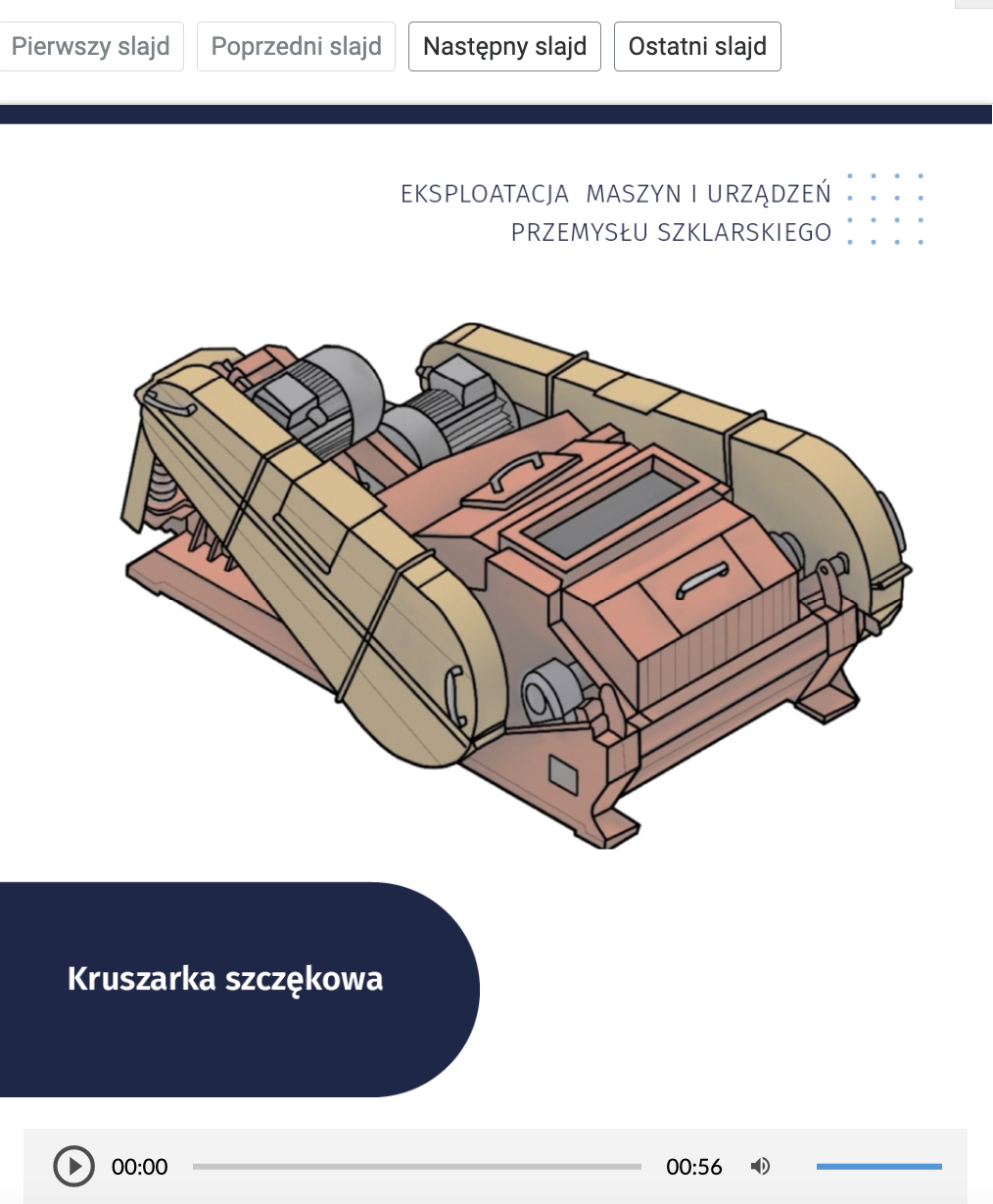 Grafika przedstawia ekran z prezentacji 2D z rysunkiem kruszarki szczękowej. Widoczna jest duża, prostokątna, czerwona maszyna z dwoma ramionami o podłużnym kształcie, zamocowanymi po obydwu bokach. Maszyna wyposażona jest w silniki elektryczne, które napędzają dwa pasy transmisyjne przykryte osłonami. Nad rysunkiem znajdują się przyciski do nawigowania po slajdach (pierwszy slajd, poprzedni slajd, następny slajd, ostatni slajd). Pod rysunkiem znajduje się pasek odtwarzania ścieżki dźwiękowej.