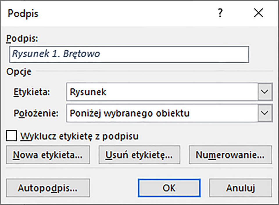 Ilustracja przedstawiająca okno dialogowe Podpis. Na górze, w pole Podpis wpisano: Rysunek 1. Brętowo. Poniżej segment Opcje. W nim pole Etykieta w wybraną opcją Rysunek i pole Położenie z wybraną opcją Poniżej wybranego obiektu. Dalej pole wyboru: Wyklucz etykietę z podpisu. W segmencie Opcje znajdują się następujące przyciski: Nowa etykieta…, Usuń etykietę… i Numerowanie. Na dole okna przyciski: Autopodpis..., OK i Anuluj. 