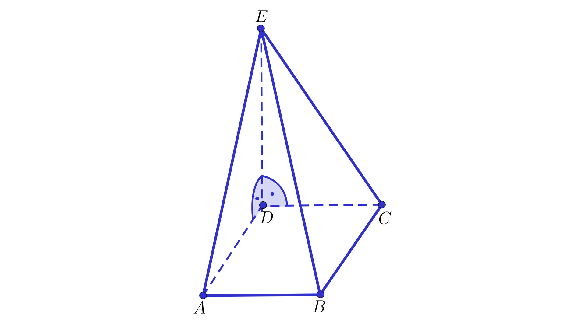 Ilustracja przedstawia ostrosłup. A B C D E. Posiada cztery ściany boczne. Krawędź dwóch z nich tworzy wysokość ostrosłupa  i są prostopadłe do podstawy. 