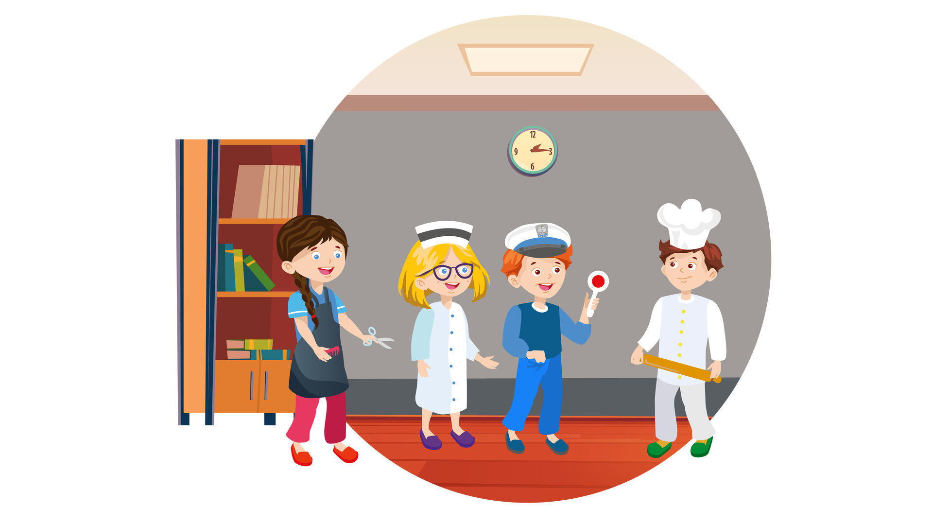 Ilustracja przedstawia pomieszczenie, w którym na szarej ścianie wisi zegar, a jedynym meblem jest regał stojący po lewej stronie. Na trzech półkach regału znajdują się książki, a w jego dolnej części jest zamykana szafka. Na środku ilustracji jest czworo uśmiechniętych dzieci w przebraniach. Po lewej stronie stoi dziewczynka o długich ciemnobrązowych włosach związanych w warkocz. Jest ubrana w niebieską koszulkę z krótkimi rękawami, długie różowe spodnie, ciemnoszary fartuch i czerwone buty. W lewej ręce trzyma nożyczki, a w prawej różowy grzebień. Obok niej stoi druga dziewczynka, o krótkich rozpuszczonych blond włosach. Na nosie ma okulary w ciemnej oprawie. Jest ubrana w biały fartuch pielęgniarski z długimi rękawami i fioletowe buty, a na głowie ma czarno‑biały czepek pielęgniarski. Dalej, na prawo, stoi chłopiec o krótkich rudych włosach. Jest ubrany w niebieską bluzę z długimi rękawami, długie niebieskie spodnie i niebieskie buty. Na głowie ma biało‑niebieską czapkę policjanta z Orłem Białym, a w lewej ręce biało‑czerwony lizak policyjny. Po prawej stronie ilustracji stoi chłopiec o krótkich brązowych włosach. Jest ubrany w białą bluzę kucharską z długimi rękawami, długie białe spodnie i zielone buty. Na głowie ma białą czapkę kucharską, a w rękach trzyma wałek do ciasta.