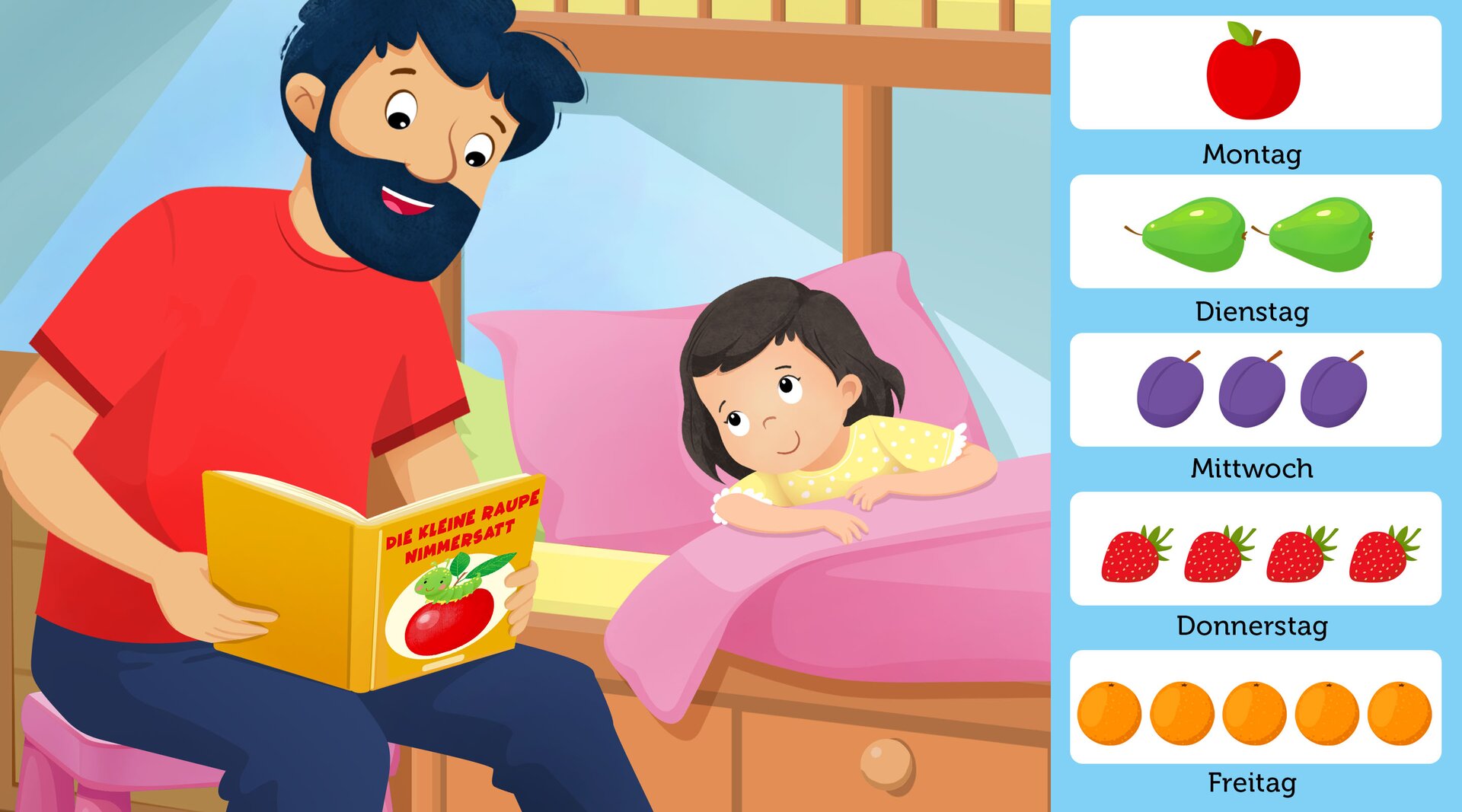 Ilustracja przedstawia ojca czytającego córce do snu książeczkę Die Kleine Raupe Nimmersatt. . Obok widoczne są wymieniane owoce.