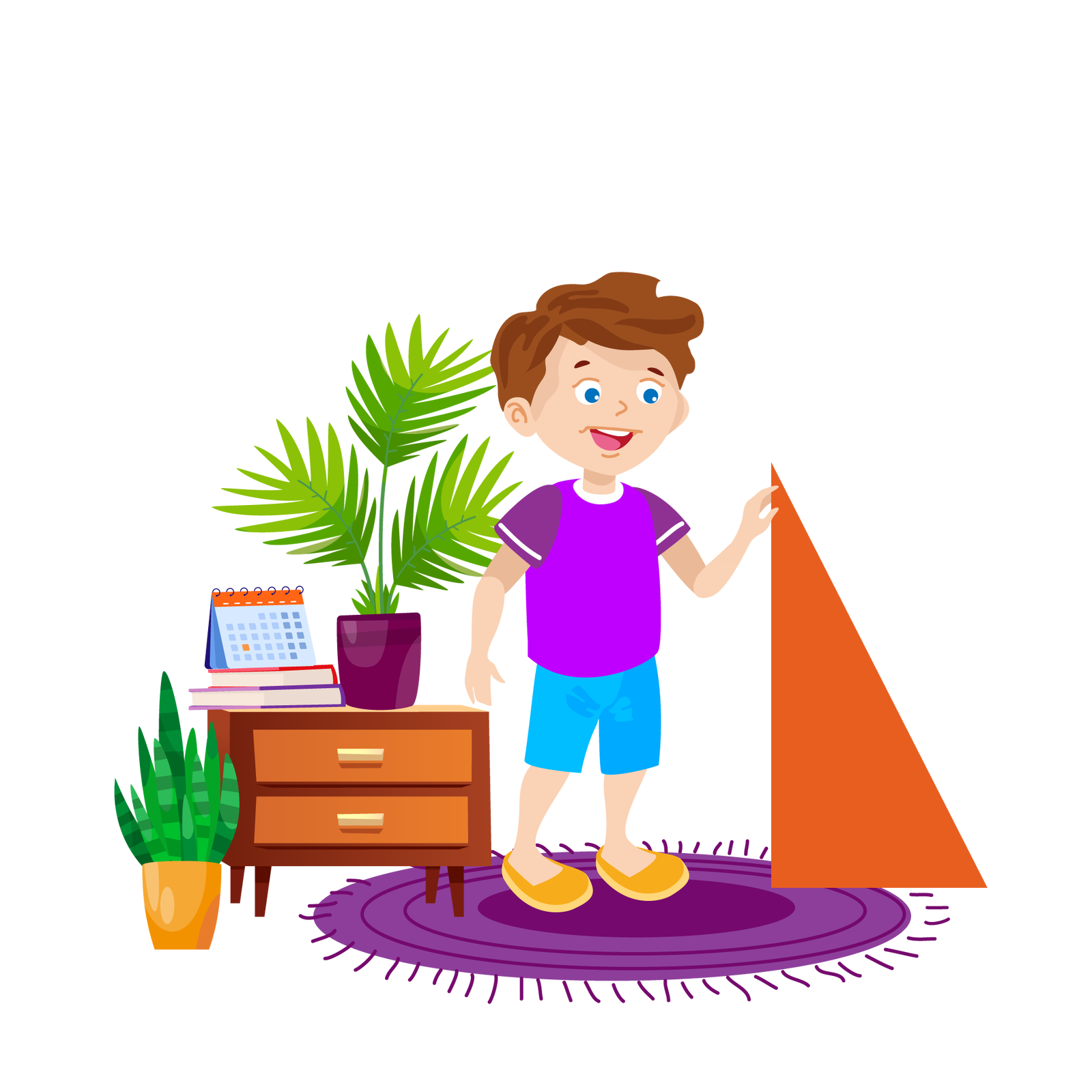 Ilustracja przedstawia pomieszczenie w domu. Po lewej stronie stoi niska brązowa szafka z dwiema szufladami. Na szafce, po lewej stronie, są dwie książki ułożone jedna na drugiej. Pierwsza ma czerwoną okładkę, a druga fioletową. Na książkach ustawiono niebiesko‑czerwony kalendarz biurkowy. Po prawej stronie jest zielona roślina w ciemnofioletowej donicy. Na lewo od szafki, na podłodze, stoi druga zielona roślina, w pomarańczowej donicy. Na środku leży okrągły fioletowy dywan z frędzlami. Stoi na nim brązowowłosy chłopiec ubrany w fioletową koszulkę z krótkimi ciemnofioletowymi rękawami, krótkie jasnoniebieskie spodnie i pomarańczowe buty z żółtymi podeszwami. Podtrzymuje dłonią duży ciemnopomarańczowy trójkąt, który stoi po prawej stronie ilustracji.