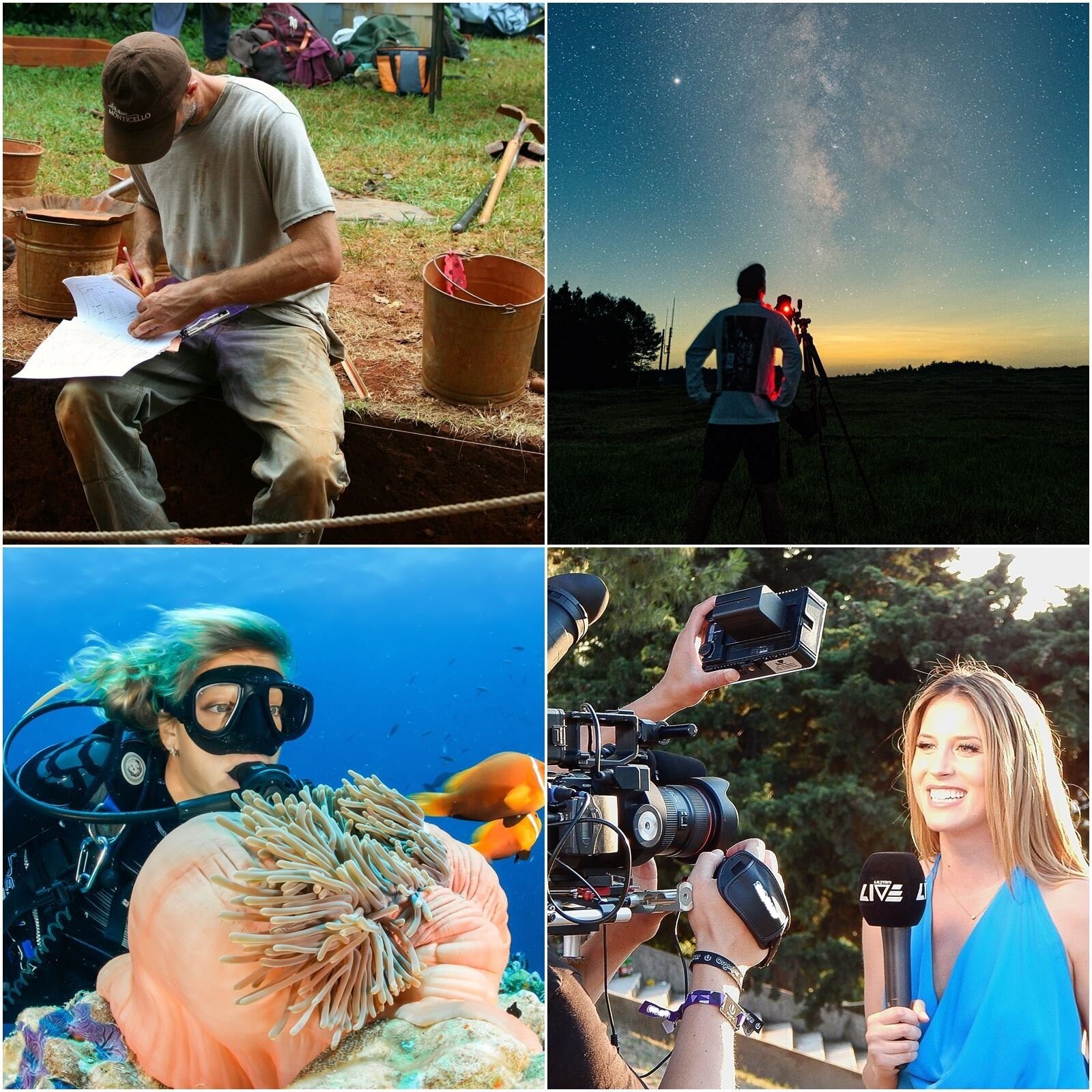 Grafika przedstawia kolaż czterech zdjęć ułożonych w prostokąt 2 na 2. Pierwsze zdjęcie na górze  po lewej przedstawia mężczyznę w podkoszulku i jasnych spodniach zabrudzonych czerwoną ziemią. Mężczyzna siedzi na brzegu dołu wykopanego w ziemi i ogrodzonego sznurem. Trzyma w ręku plik papierów, w których pisze coś długopisem. Wokół niego stoją metalowe wiadra. Za mężczyzną na trawie leżą dwa kilofy. Na drugim obrazku na górze po prawej znajduje się mężczyzna obrócony tyłem do nas, a przed nim stoi statyw z aparatem fotograficznym. Mężczyzna patrzy przed siebie na rozgwieżdżone niebo. Niżej są jeszcze ciemne sylwetki wzgórz i drzew. Trzecie zdjęcie na dole po lewej przedstawia kobietę nurkującą pod wodą ubraną w kompletny strój do nurkowania składający się z pianki, butli tlenowej, gogli i rurki do oddychania. Kobieta patrzy na różowy element rafy koralowej . Za nią pływają dwie kolorowe ryby. Czwarte zdjęcie na dole po prawej stronie przedstawia uśmiechniętą kobietę, która stoi z mikrofonem w ręku, a naprzeciwko niej są wyciągnięte ręce trzymające aparaty fotograficzne. Na mikrofonie znajduje się napis w języku angielskim. Transkrypcja znajduje się poniżej. "LIVE".
