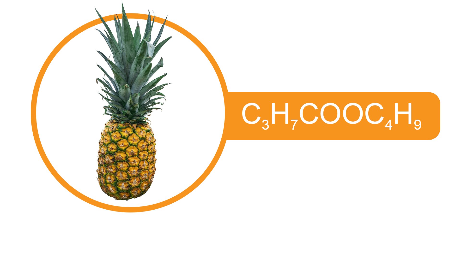 Fotografia przedstawia ananasa, obok nazwa związku butanian butylu. ce trzy ha siedem ce o o ce cztery ha dziewięć