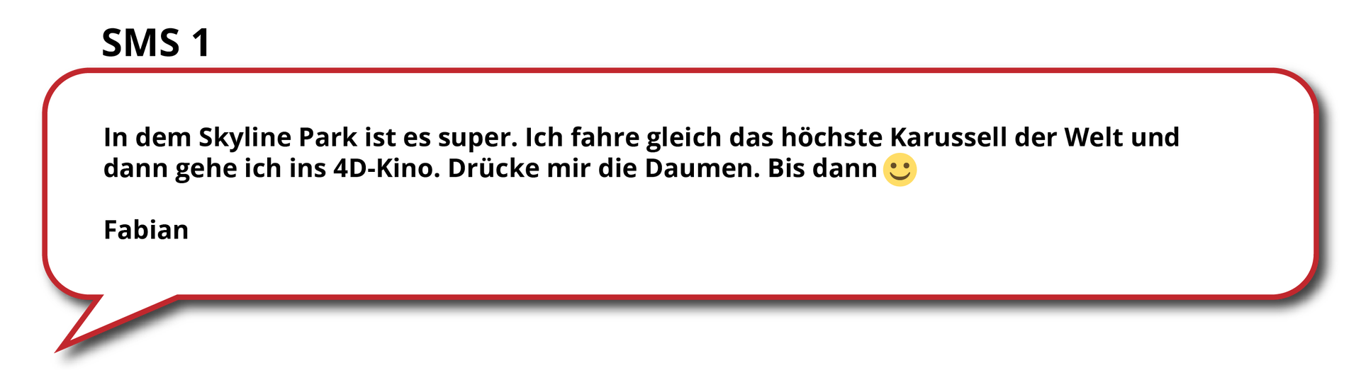 1. Ilustracja przedstawia ramkę w kształcie chmurki, typową dla treści SMS, zawierającą wiadomość tekstową. Treść dostępna w transkrypcji.  
