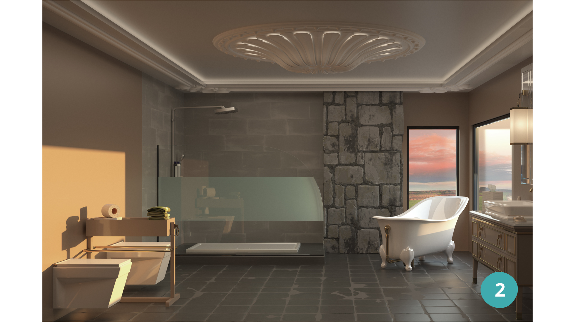 Zdjęcie przedstawia łazienkę. W łazience kolejno od lewej widoczne są: muszla, bidet, prysznic, wanna. Po prawej stronie znajduje się umywalka.