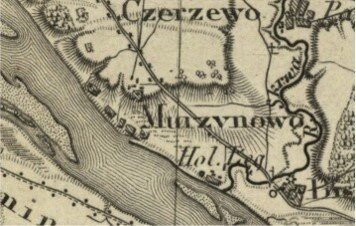 Ilustracja przedstawia fragment starej mapy z 1850 r. na niej w południowo‑zachodniej części rzeka, równolegle do rzeki droga. 