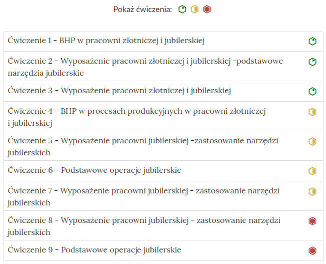 Zdjęcie przedstawia przykładowy wygląd zakładek zawierających interaktywne materiały sprawdzające. Składają się one z prostokątnych paneli umieszczonych jeden pod drugim. Każdy panel posiada numer oraz tytuł, który nawiązuje do zawartego w nim zadania.