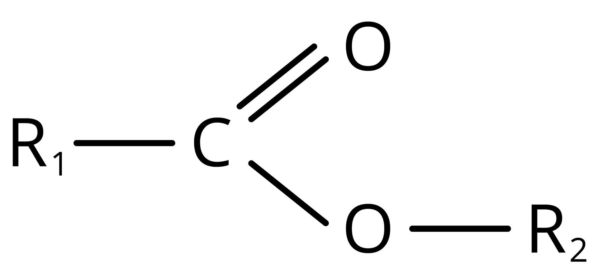 Ilustracja przedstawiająca ogólny wzór estrów: eR1C O O eR2. R1 - grupa węglowodorowa pochodząca od kwasu karboksylowego (hydrocarbon group derived from carboxylic acid). R2 – grupa węglowodorowa pochodząca od alkoholu (hydrocarbon group derived from alcohol). Grupa COO - grupa estrowa (ester group).