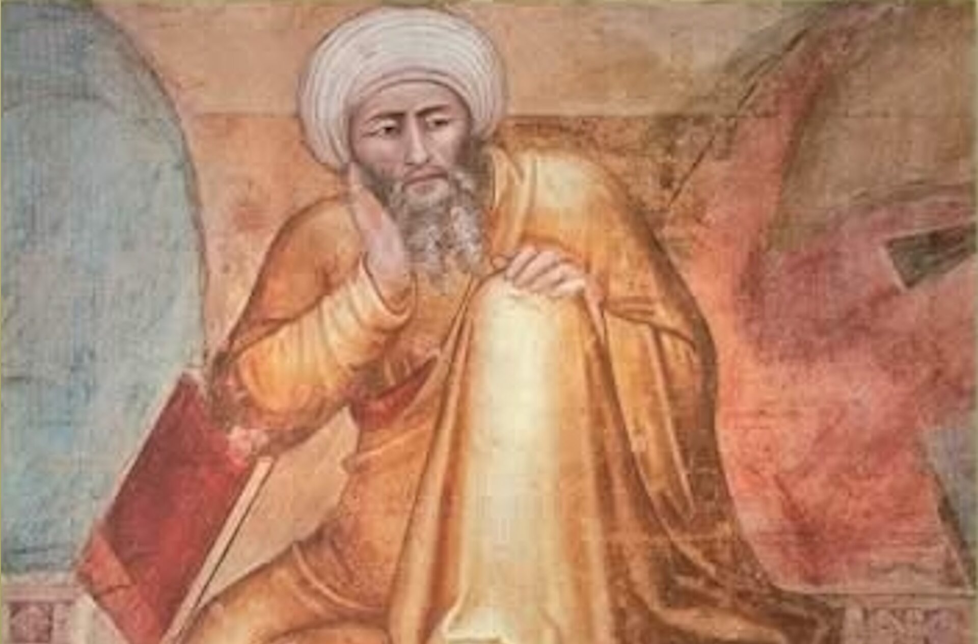 Obraz przedstawia dojrzałego mężczyznę. Mężczyzna siedzi, podpierając głowę na prawej ręce. Ubrany jest w długą szatę, na głowie ma turban.