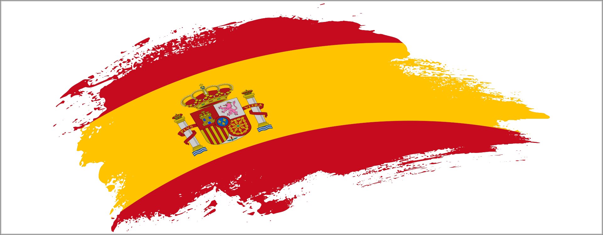 Ilustracja przedstawia flagę Hiszpanii na białym tle. Flaga składa się z trzech kolorowych pasów - czerwonych u góry i żółtego w środku. Na żółtym pasie godło - dwie kolumny pomiędzy którymi herb i korona.
