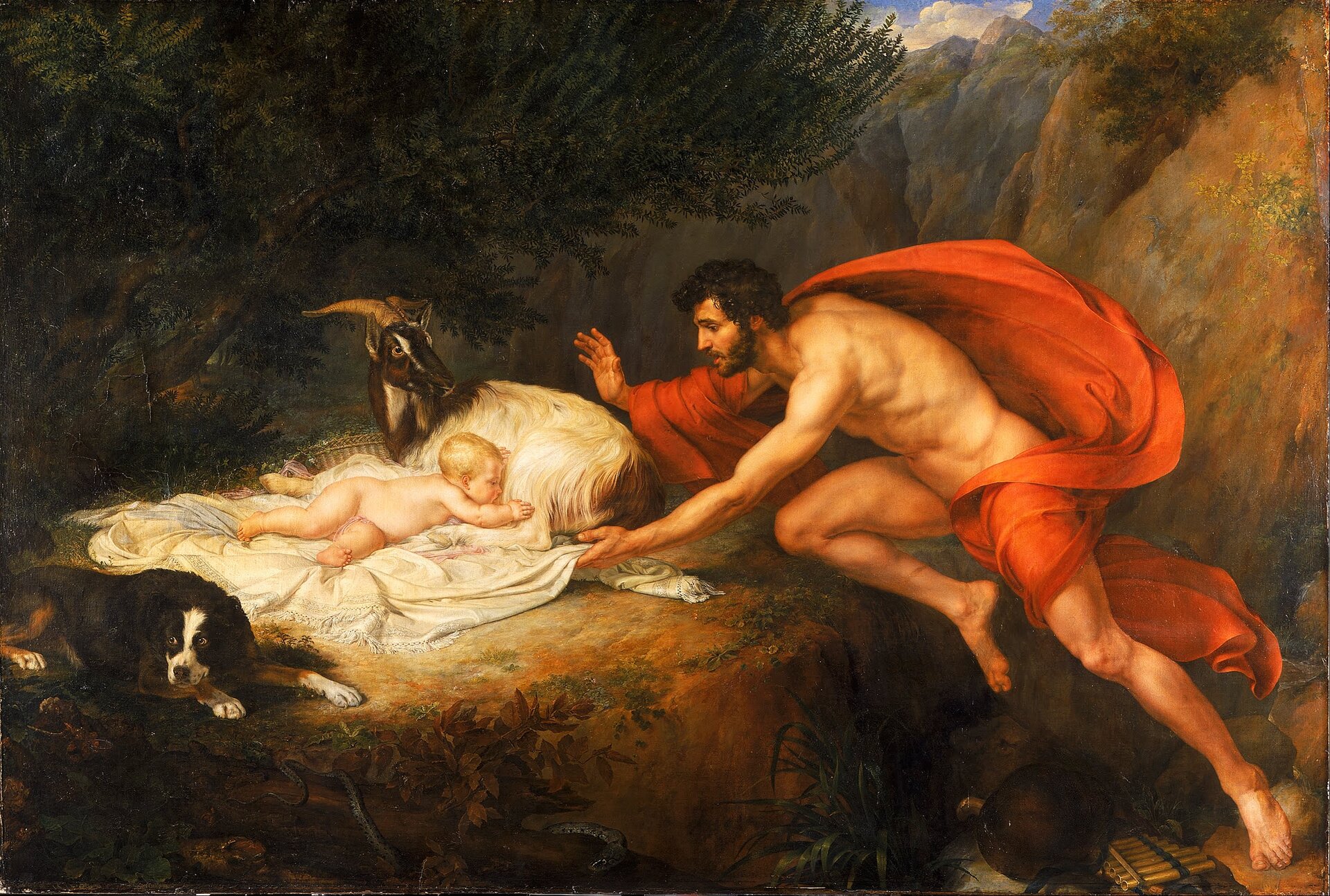 Ilustracja przedstawia dzieło autorstwa Giovanni’ego Tongolli pt. „Znalezienie Asklepiosa”. W centrum obrazu widnieje nagie niemowlę leżące w lesie na białej tkaninie. Dziecko jest wtulone w kozę, a u jego stóp leży pies. Nad chłopcem pochyla się młody mężczyzna. Jego nagie ciało okrywa czerwona chusta. Wyciąga rękę w stronę chłopca. U stóp mężczyzny leży fletnia Pana i kapelusz, atrybuty pasterza. Na pierwszym planie obrazu, wśród traw, prześlizgują się dwa węże.