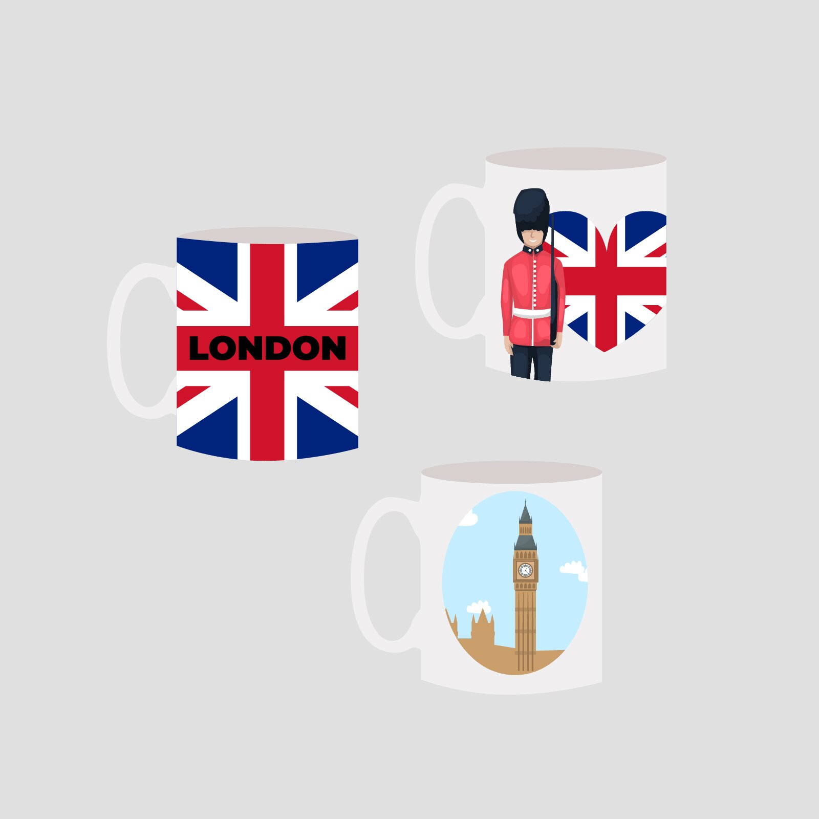 Ilustracja przedstawia trzy kubki z emblematami kojarzącymi się z Londynem. Są to flagi Brytyjskie, żołnierz Brytyjski oraz zegar Big Ben.