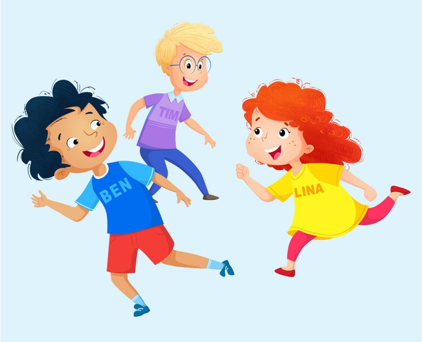 Ilustracja przedstawia Linę Bena i Tima bawiących się w berka.