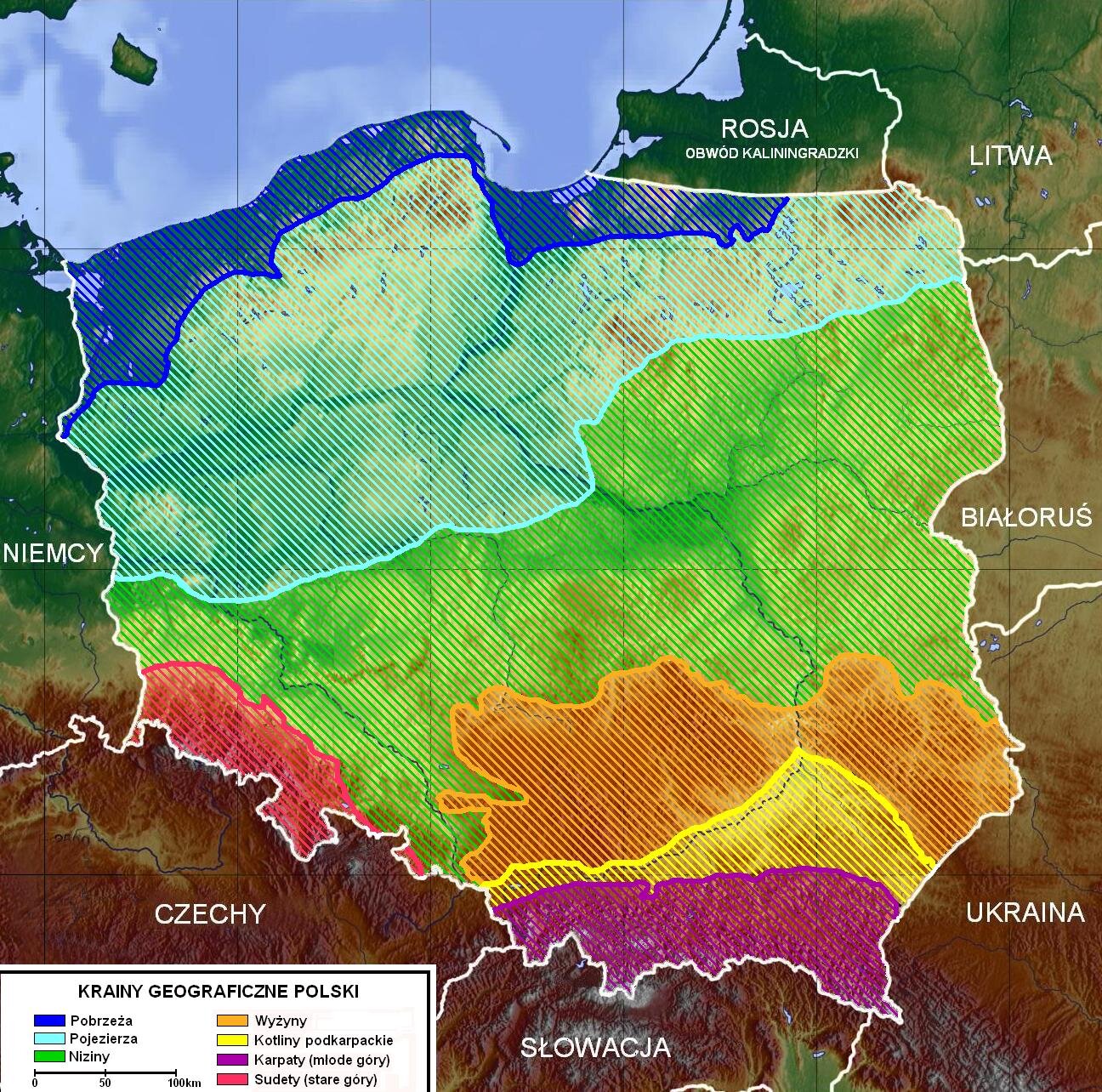 Ilustracja przedstawia pasowy rozkład krain geograficznych w Polsce. Pas pobrzeży - to pas lądu rozciągający się na północy Polski wzdłuż brzegu morskiego. W Polsce wyróżniono 3 główne obszary pobrzeży Morza Bałtyckiego: Pobrzeże Szczecińskie, Pobrzeże Koszalińskie, Pobrzeże Gdańskie, które stanowią łącznie jednostkę fizycznogeograficzną – Pobrzeża Południowobałtyckie. Poniżej pasa pobrzeży jest pas pojezierzy. Pojezierza występują w północnej części kraju. Pas nizin - obejmuje równiny znajdujące się w środkowej części naszego kraju, pomiędzy pasem pojezierzy a pasem wyżyn. Poniżej nizin leżą wyżyny - obejmują południową i południowo‑wschodnią Polskę. Kotliny podkarpackie - pas rzeźby w Polsce występujący pomiędzy Karpatami a pasem wyżyn. Karpaty - Polska południowa, Sudety - Polska południowo‑zachodnia.  