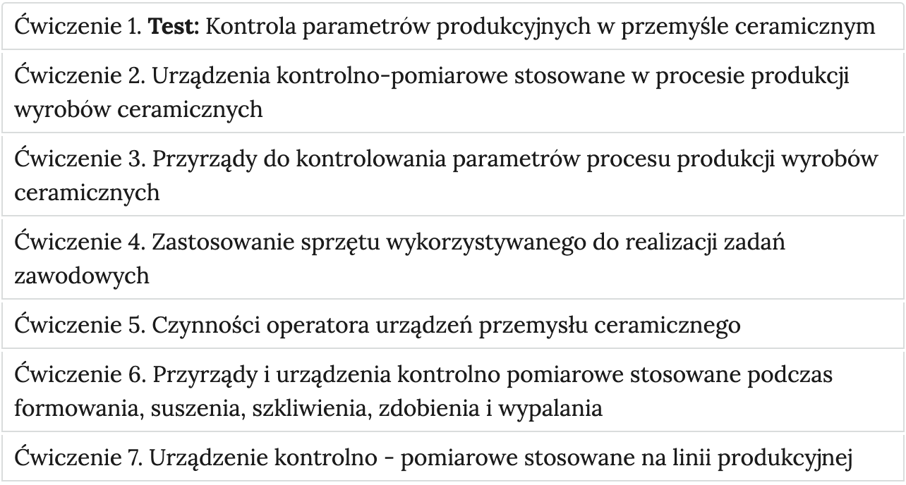 Ilustracja przedstawia listę materiałów sprawdzających, składającą się z siedmiu pozycji. Każda z nich jest obramowana. Ramka pierwszej pozycji została pogrubiona. Zawiera napis, ćwiczenie 1. Test, kontrola parametrów produkcyjnych w przemyśle ceramicznym. Poniżej znajdują się tytuły kolejnych ćwiczeń.