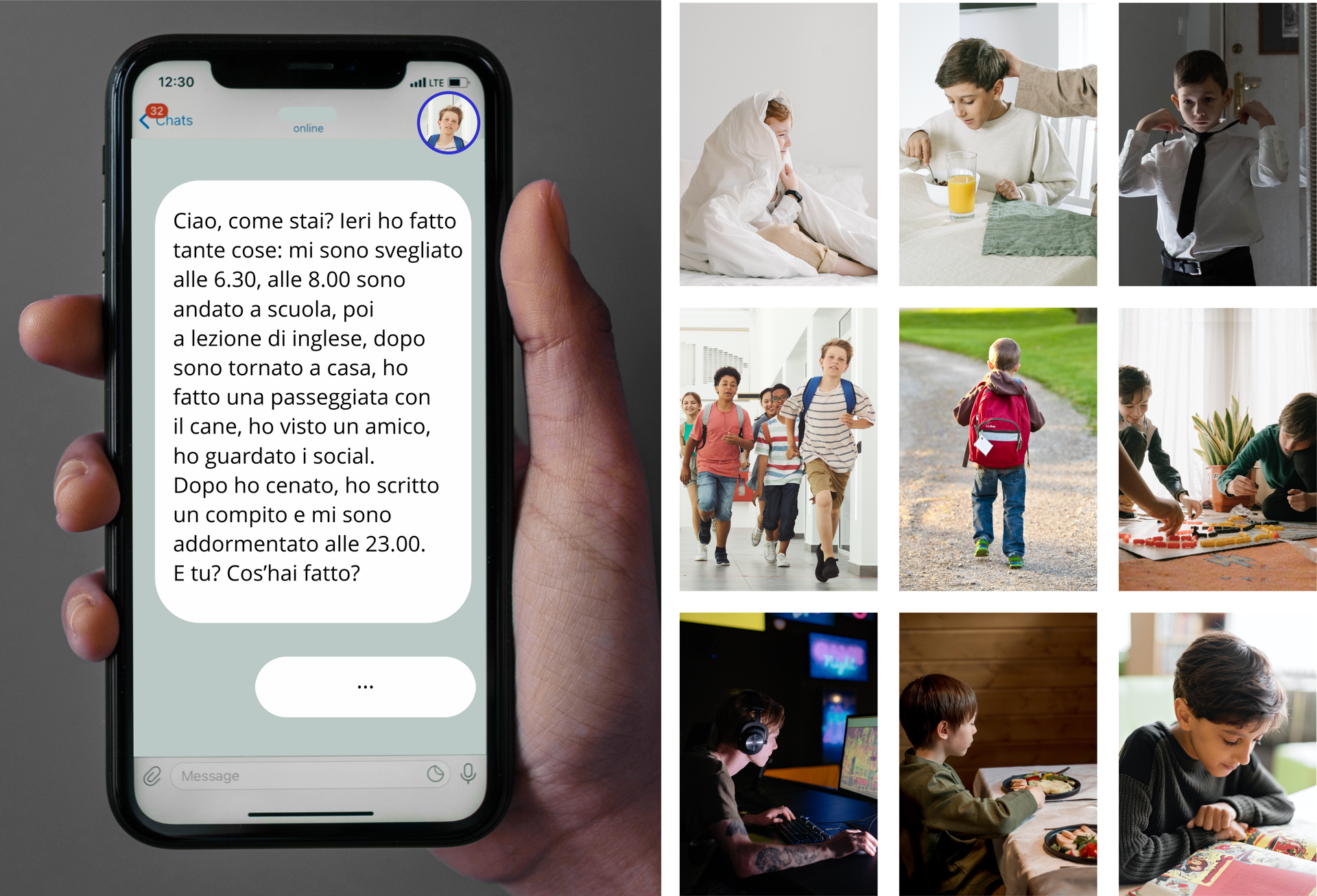 Ilustracja składa się z dwóch części. Po lewej stronie widoczny jest telefon komórkowy, który znajduje się w dłoni. Na telefonie widoczna jest wiadomość na czacie o treści: Ciao, come stai? Ieri ho fatto tante cose: mi sono svegliato alle 6.30, alle 8.00 sono andato a scuola, poi a lezione di inglese, dopo sono tornato a casa, ho fatto una passeggiata con il cane, ho visto un amico, ho guardato i social. Dopo ho cenato, ho scritto un compito e mi sono addormentato alle 23.00. E tu? Cos’hai fatto?
 Po prawej stronie znajduje się kolaż zdjęć. Zdjęcia przedstawiają chłopca, który wykonuje codzienne czynności: wstaje z łóżka, je śniadanie, ubiera się, wchodzi do szkoły,  wraca ze szkoły, spotyka się z kolegą w domu, gra na komputerze, je kolację, czyta książkę.