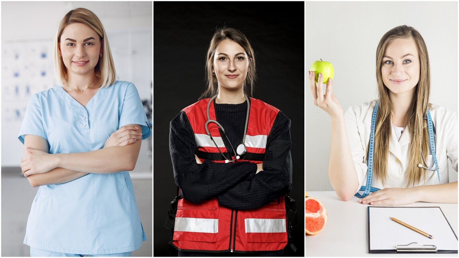 Ilustracja składa się z trzech zdjęć. Na zdjęciu po lewej stronie widoczna jest młoda kobieta ubrana w niebieski komplet medyczny dla pielęgniarek, złożony z bluzki z krótkim rękawem i spodni. Kobieta ma krótkie, jasne włosy, uśmiecha się, a ręce ma splecione na wysokości klatki piersiowej. Na zdjęciu pośrodku widoczna jest młoda kobieta ubrana w strój ratownika medycznego. Widoczna jest czarna bluzka, na którą założona jest czerwona kamizelka z białymi paskami odblaskowymi. Kobieta ma ciemne, upięte włosy, pogodny wyraz twarzy, ręce splecione na wysokości klatki piersiowej i stetoskop przewieszony na szyi. Na zdjęciu po prawej stronie widoczna jest młoda kobieta ubrana w biały fartuch. Kobieta ma długie, jasne włosy, miarkę krawiecką i stetoskop przewieszone na szyi. Jej prawa ręka opiera się łokciem o blat, a w dłoni widoczne jest zielone jabłko. Na biurku przed nią widoczna jest podkładka z przypiętymi kartkami, na której leży ołówek. Na lewo od podkładki widoczna jest połówka grapefruita.