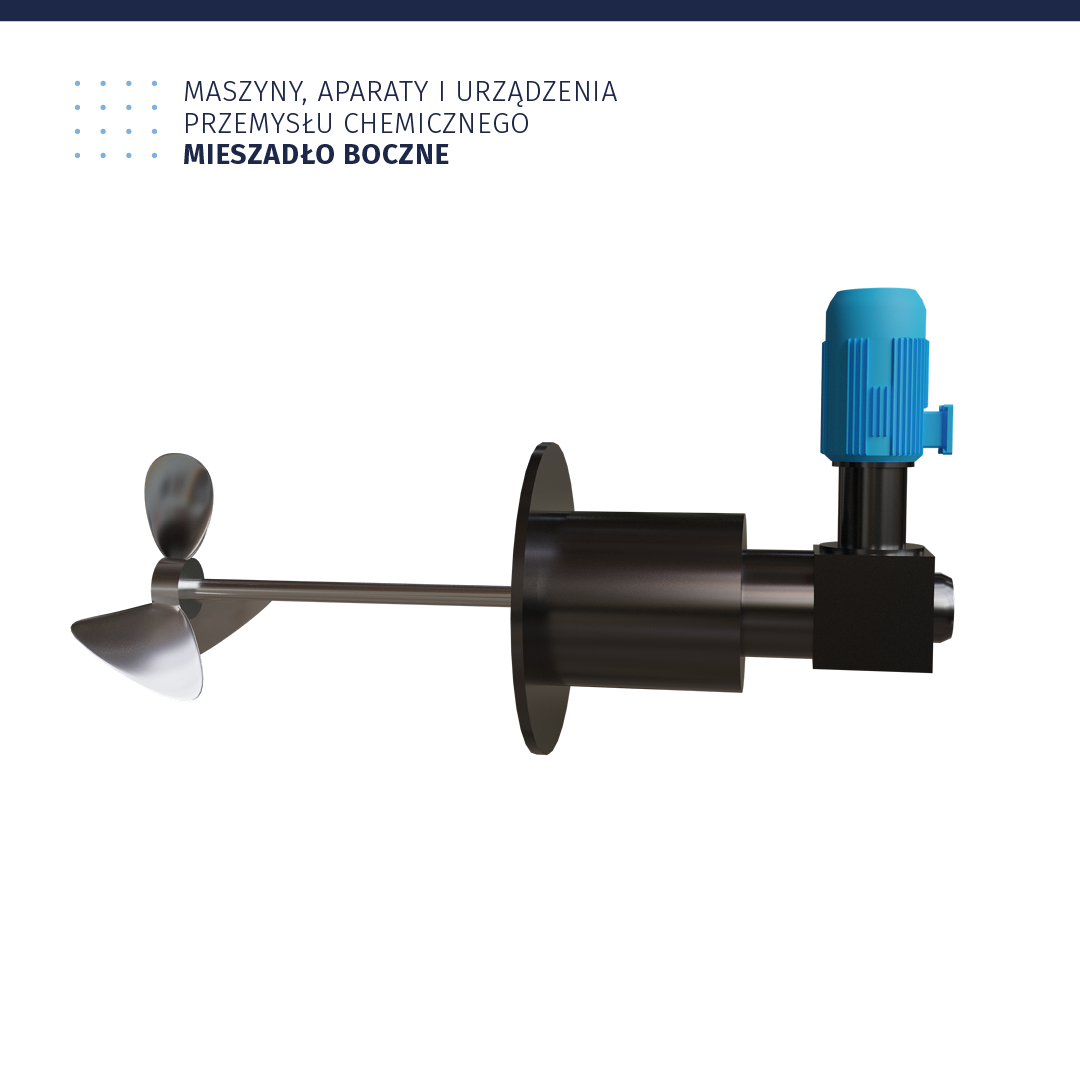 Ilustracja zatytułowana: Maszyny, aparaty i urządzenia przemysłu chemicznego. Mieszadło boczne. Ilustracja przedstawia poziomy wałek. W jednej części widoczna jest rączka i okrągła tarcza osłaniająca mieszającego. W drugiej części wałka widoczne jest mieszadło, ma postać trzech połączonych ze sobą wygiętych blaszek, przypomina śmigło.