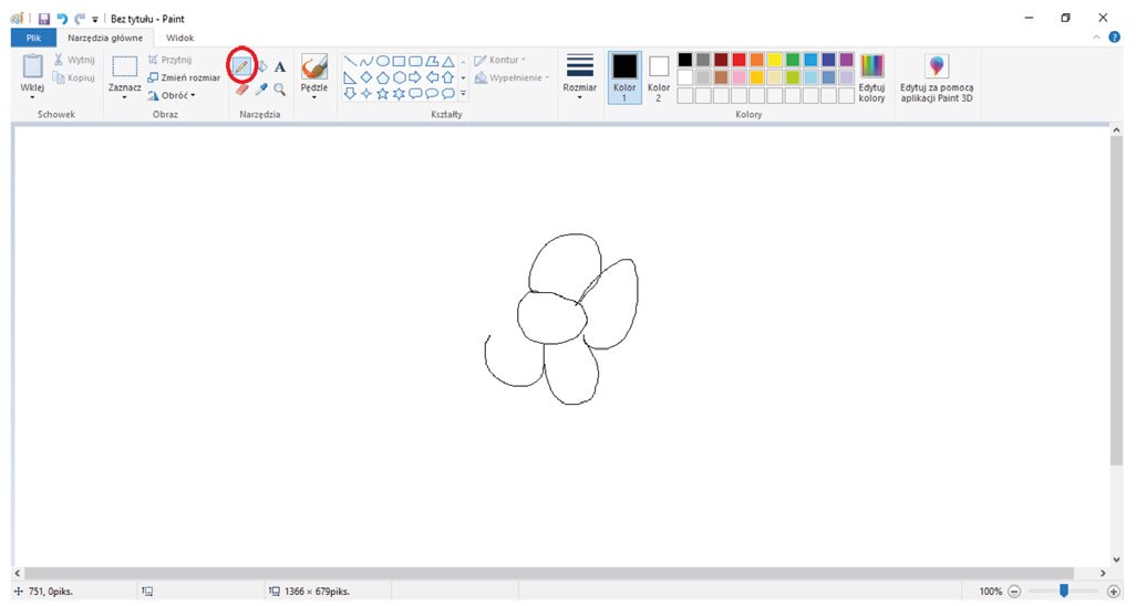 Zrzut ekranu z rozwiniętą zawartością edytora programu Paint (w tym: Obraz, Narzędzia, Kształty, Kolory). Ikonka Ołówek zakreślona czerwonym kółkiem. W edytorze narysowany Ołówkiem fragment kwiatka.