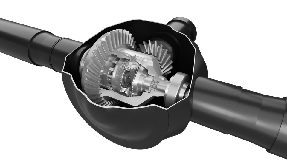 Ilustracja przedstawia mechanizm różnicowy. Do mechanizmu różnicowego przymocowane jest koło talerzowe przekładni głównej, na które za pomocą wałka atakującego przenoszony jest moment obrotowy z silnika. Elementem tego układu są również umieszczone naprzeciwko siebie zębate koła koronowe, połączone bezpośrednio z półosiami napędowymi. 