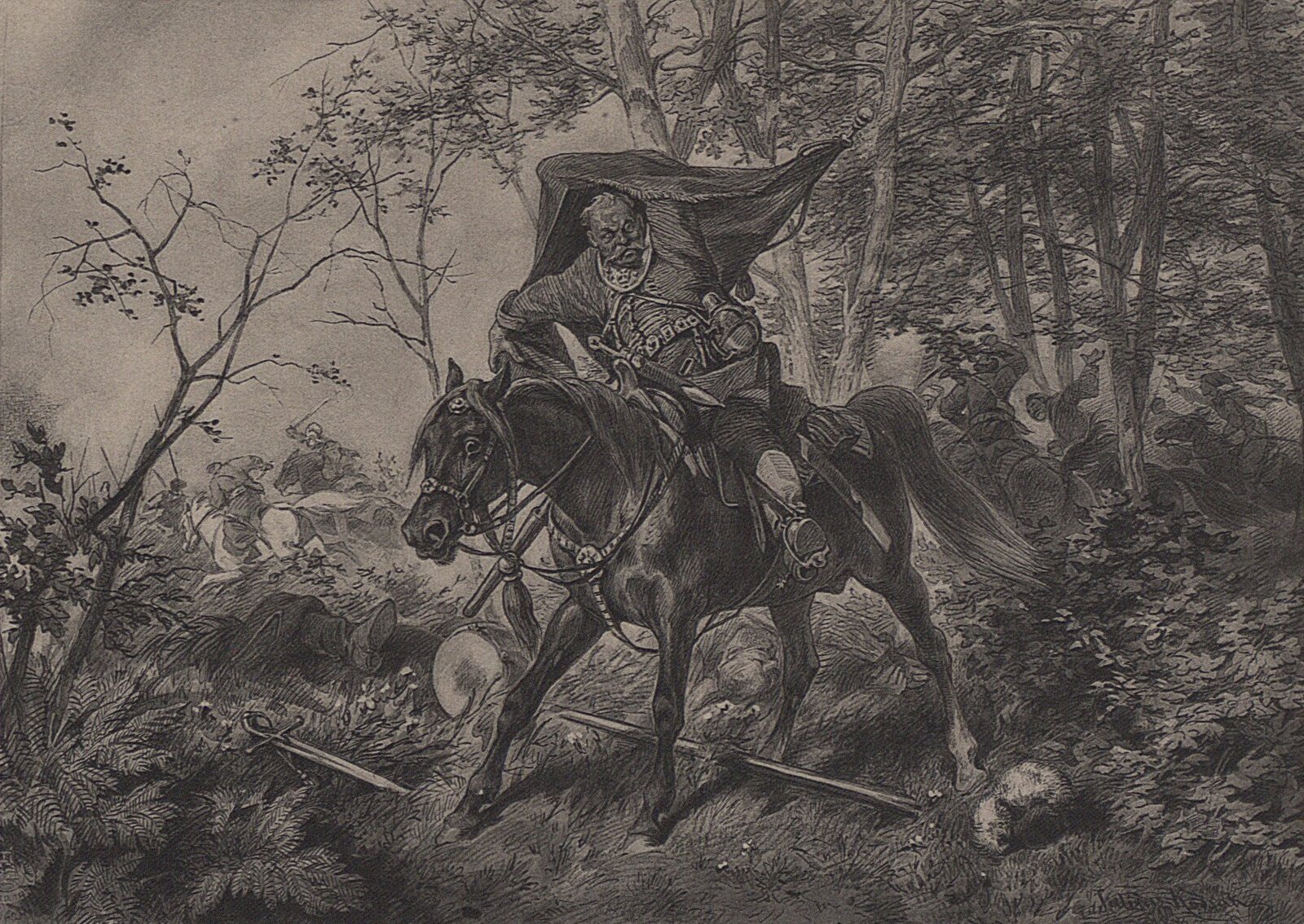 Ilustracja przedstawia Zagłobę, który siedzi na koniu ze sztandarem w uniesionej  ręce do góry. Mężczyzna znajduje się na polu bitwy. Ma jedno oko zakryte bielmem. Twarz zdobią wąsy. Jest dość gruby. Ma na sobie kontusz, spodnie i baczmagi (skórzane buty, które sięgają do kolan). U boku wisi karabela. Na szyi ma sakwę. W pobliżu na trawie jest widoczna szabla. Po lewej stronie leży mężczyzna.