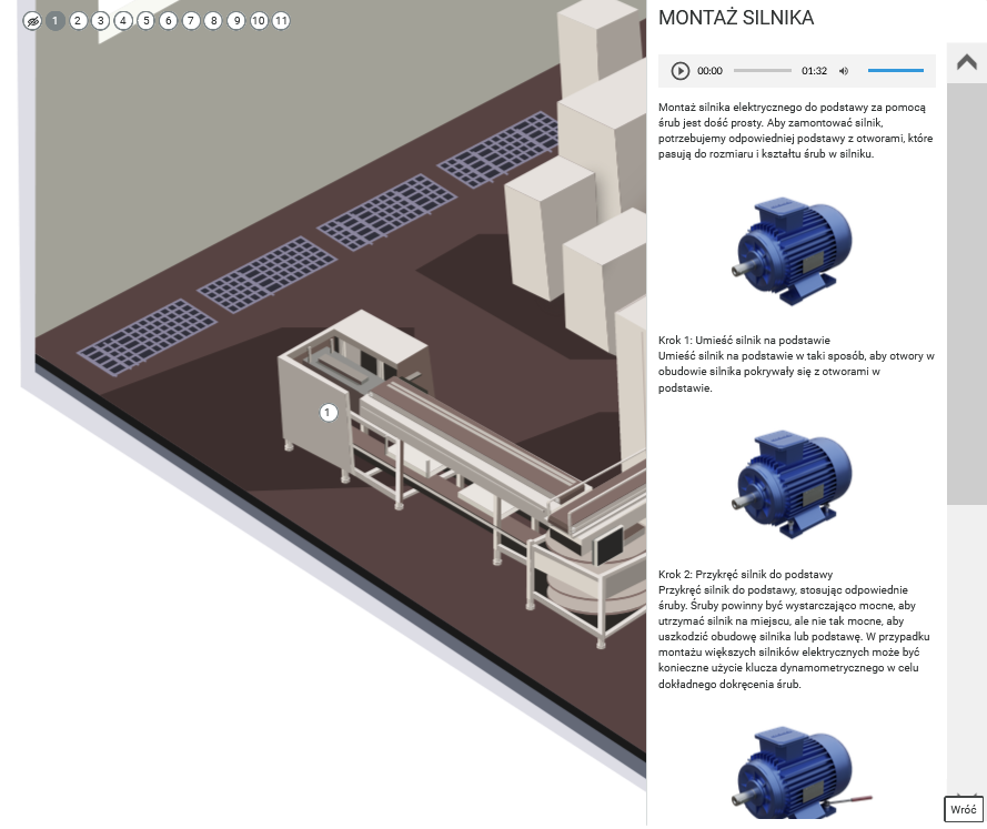 Ilustracja przedstawia infografikę z ponumerowanymi okrągłymi znacznikami. Jeden ze znaczników jest kliknięty, po prawej stronie widoczny jest wysunięty panel, na którym znajdują się informacje ukryte pod znacznikiem w formie tekstu oraz grafik.