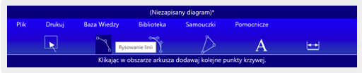 Ilustracja przedstawia stronę startową programu komputerowego. Znajdują się tam przyciski menu: plik, drukuj, baza wiedzy, biblioteka, samouczki, pomocnicze. Poniżej zaznaczona jest opcja Rysowanie linii.