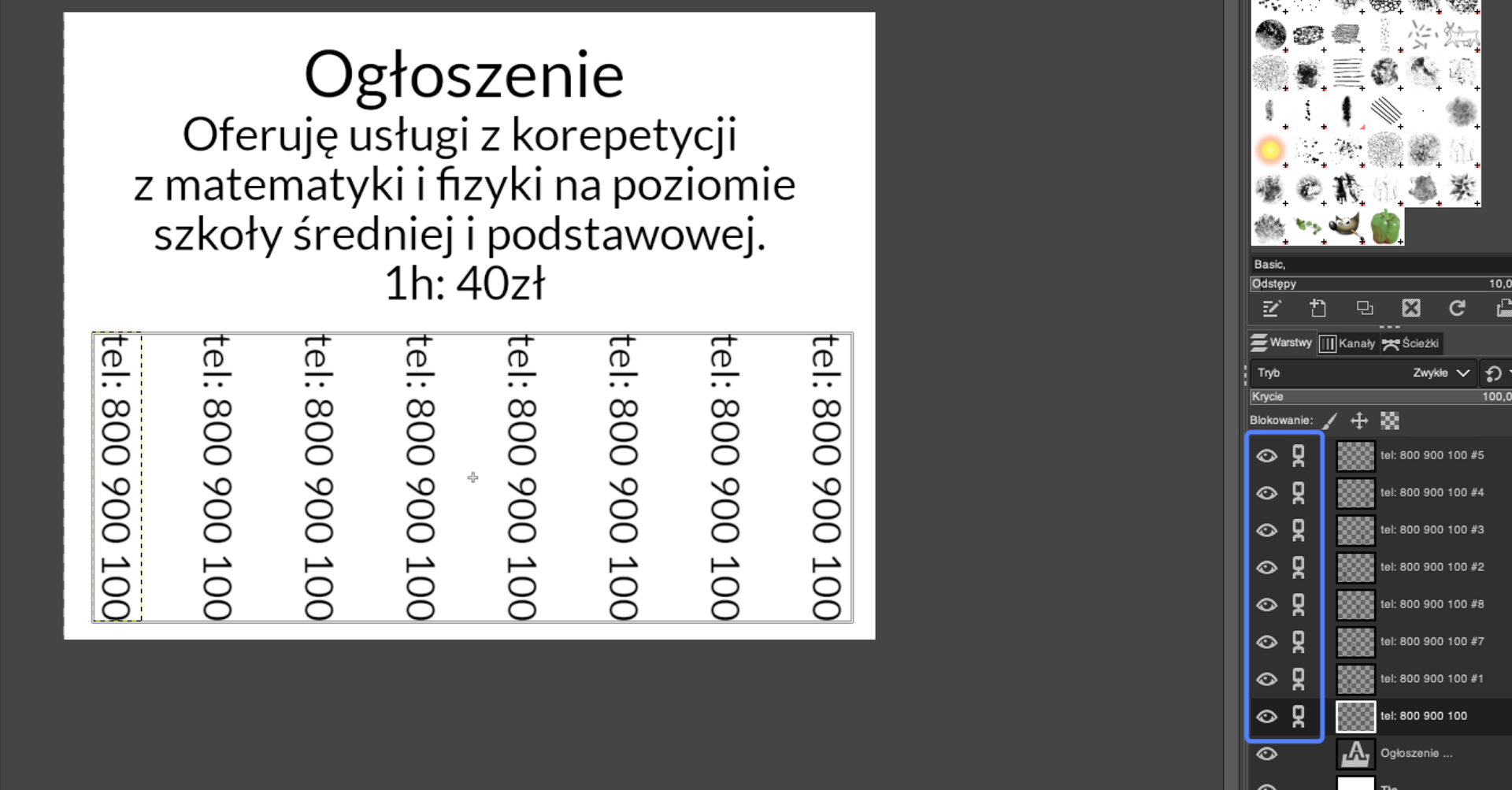 Ilustracja przedstawia okno programu. W obszarze roboczym jest tekst: Ogłoszenie Oferuję usługi z korepetycji z matematyki i fizyki na poziomie szkoły średniej i podstawowej 1h 40 zł. Na dole w pionie podano powtarzający się numer telefonu 800 900 100. Panel po prawej stronie dotyczy odstępów. Zaznaczono Blokowanie.  