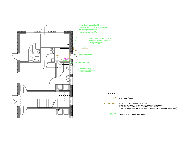 Grafika przedstawia projekt instalacji gazowej. Widoczny jest plan architektoniczny domu, wpisany w prostokąt, z zaznaczonymi wewnątrz za pomocą szarych linii pomieszczeniami. W pomieszczeniu na planie kwadratu widoczne są czarne kwadraty z brązowymi napisami KCO CWU oraz KG, różowa linia łamana, wchodząca w ścianę budynku i prowadząca do zewnętrznej instalacji gazu, z kwadratem na początku i prostokątem w niewielkiej odległości od niego. Na lewo widoczne są zielone podpisy: skrzynka gazowa z kurkiem odcinającym, reduktorem II stopnia, układem pomiarowym i elektrozaworem BIG; zewnętrzna instalacja gazu wg projektowanej instalacji zewnętrznej gazu; tuleja ochronna; moduł sterujący; detektor propanu nad posadzką. W prawym dolnym rogi widoczna jest legenda: KG – Kurek główny; KCO +CWU – Jednofunkcyjny kocioł C.O. (kocioł gazowy jednofunkcyjny, stojący, o mocy nominalnej <25kW z zamkniętą komorą spalania; DN20 – Opis średnic przewodów.


Opisy obiektów prezentowanych na grafikach są załączone w treści e‑booka.